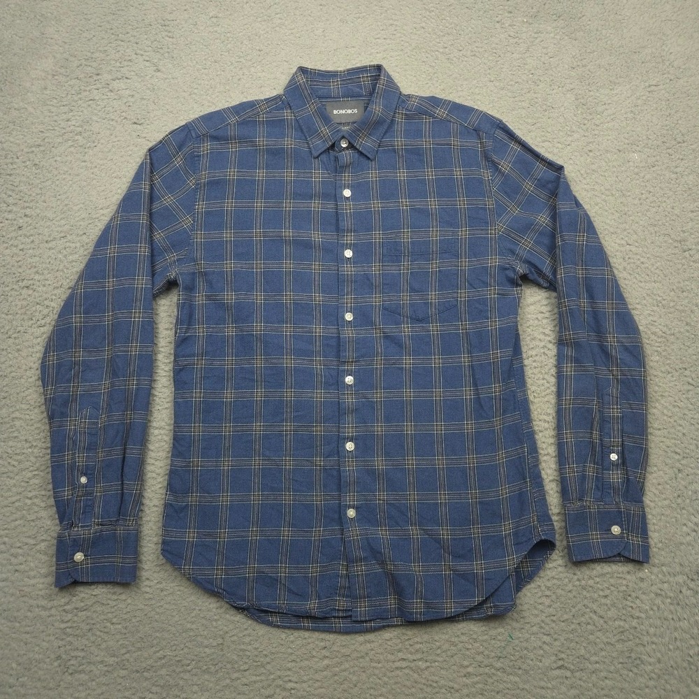 Bonobos Button Up Shirt Mens Medium Blue Plaid Cotton Slim Fit Pocket Windowpane